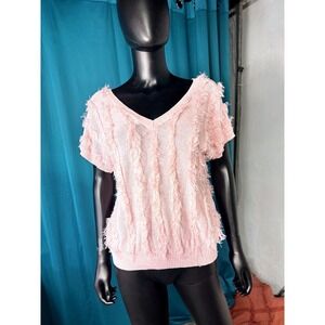 Loubella Fashions Pink V Neck Fringe Sweater Top Short Sleeve vtg one size